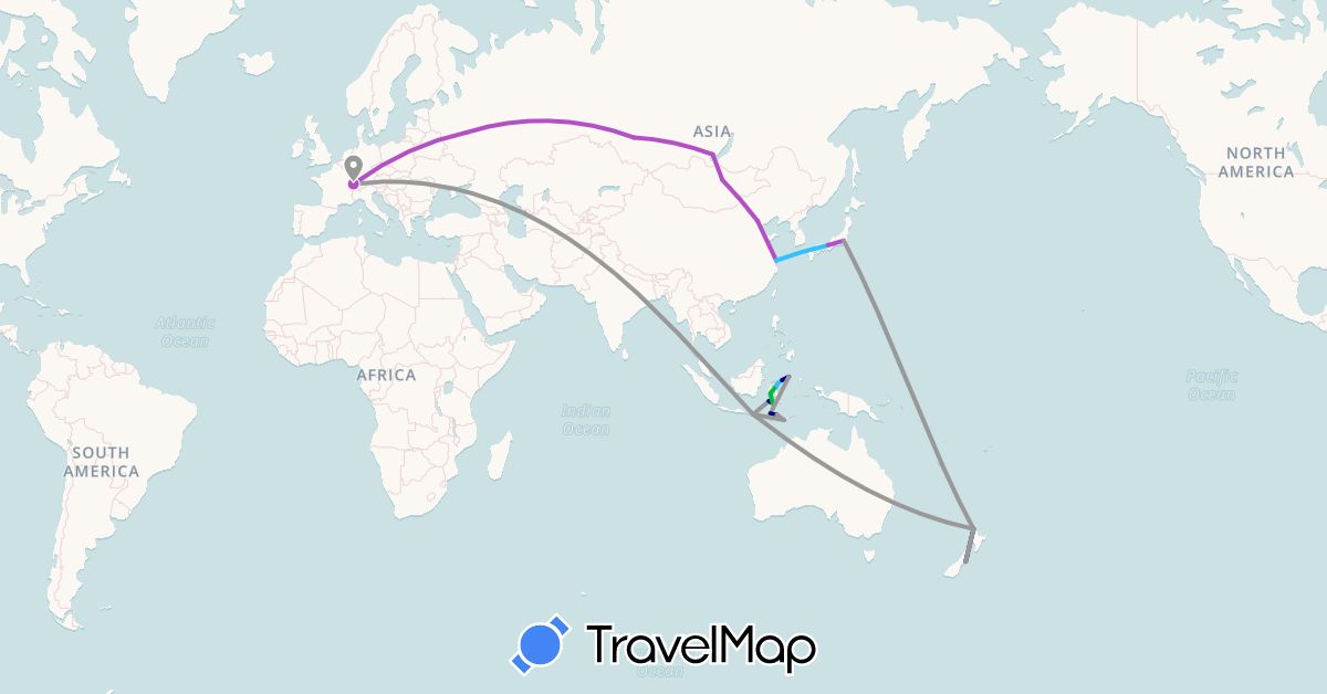 TravelMap itinerary: driving, bus, plane, train, boat in Switzerland, China, Indonesia, Japan, Mongolia, New Zealand, Russia (Asia, Europe, Oceania)